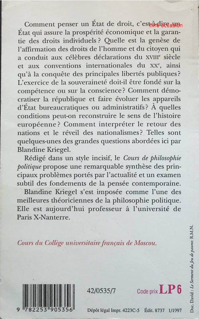 Cours de philosophie politique - Blandine Kriegel - livre