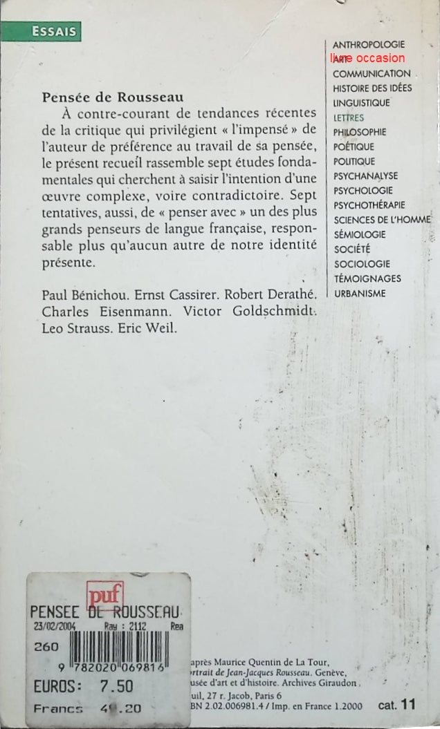 Pensée de Rousseau - Paul Bénichou - livre