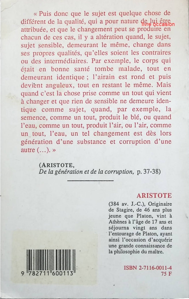 De la génération et de la corruption - Aristote - livre