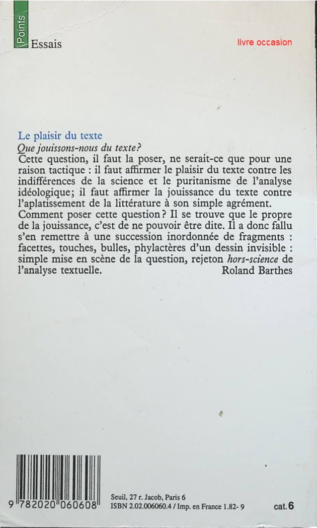Le Plaisir du texte - Roland Barthes - livre